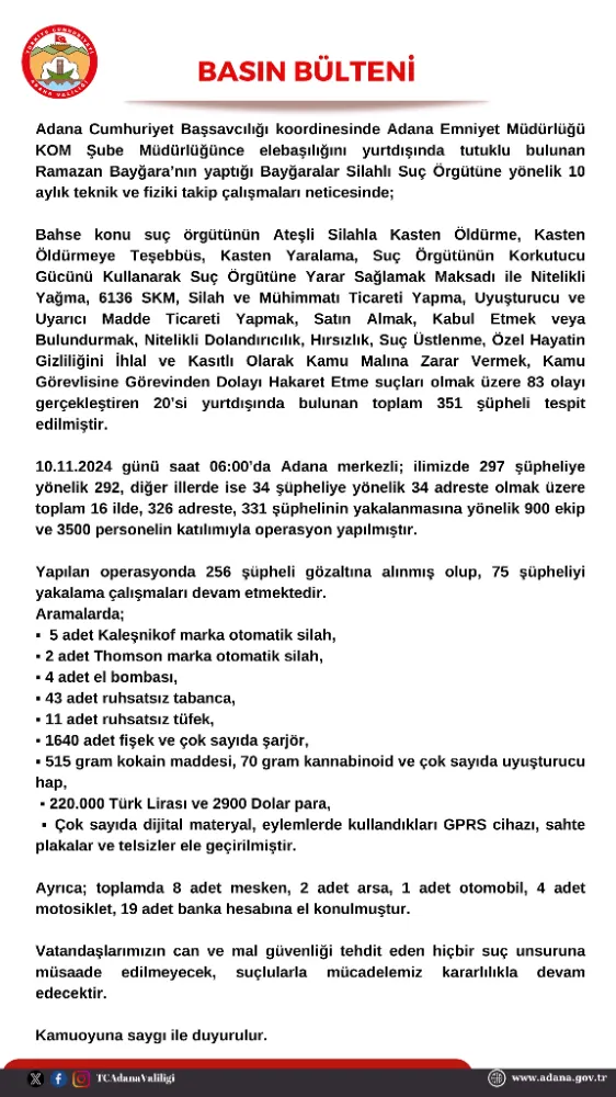 Adana Valiliği operasyonla alakalı detayları açıkladı 